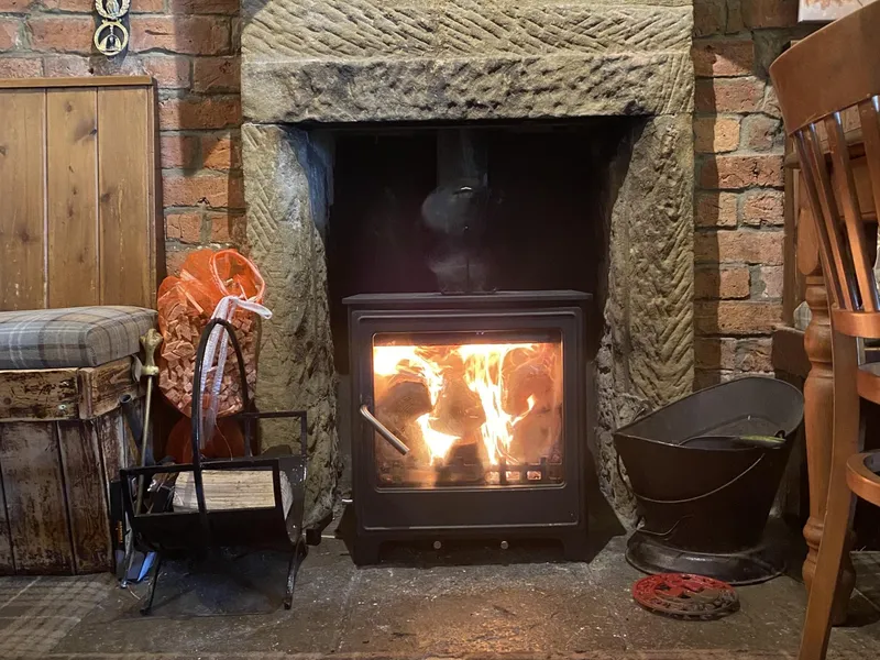 The log fire at The Gold Cup Inn